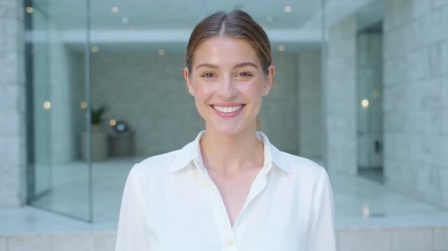 Charismatische junge Frau in wei&szlig;er Bluse lacht herzlich