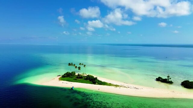 Aerial view of Manimbora island featuring white sand beaches and turquoise waters surrounded by lush tropical vegetation in Berau, East Borneo, Indonesia.