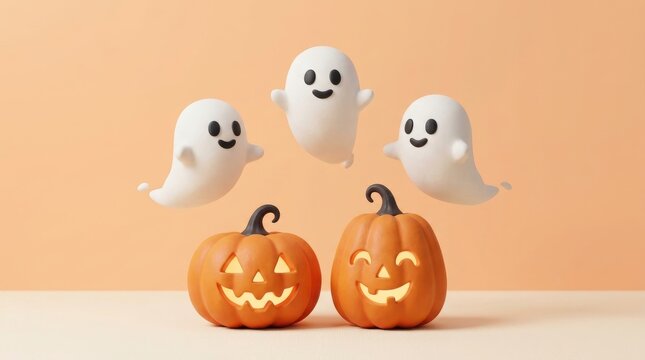 Cute 3d halloween composition with three friendly white ghosts floating above two glowing orange jackolantern pumpkins on a soft peach background