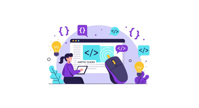 Web Development and Software Programming Concept with Female Developer, Coding Icons, and Haptic Clicks Interface