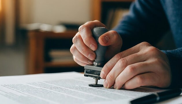 A close up photograph depicts a rubber stamp being pressed onto a document with legal text