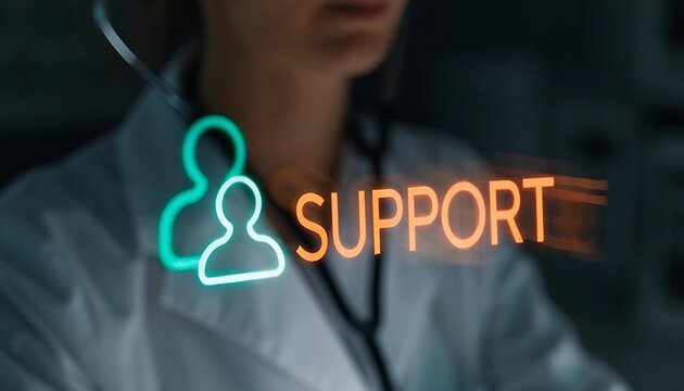 Neon sign depicting a person s head and shoulders alongside the word support blurred in foreground