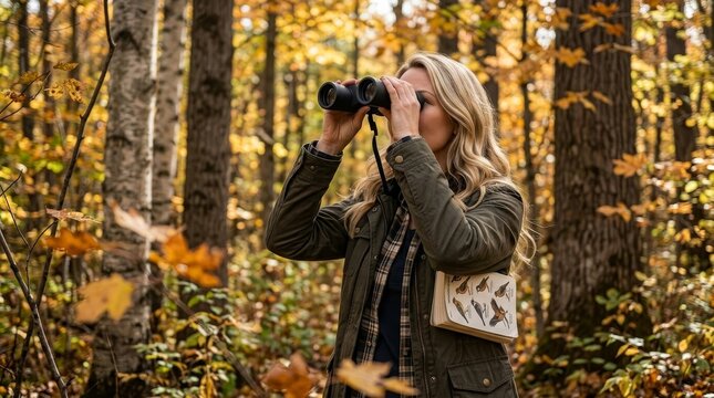 Birdwatcher looking through binoculars in a dense autumn forest