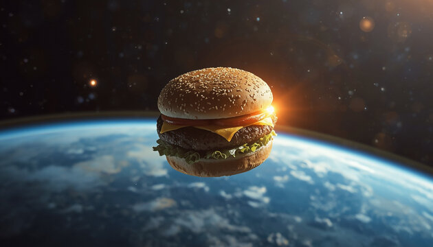 Juicy beef cheeseburger floating above the earth with a cosmic background for a unique burger day inspiration planet earth food art