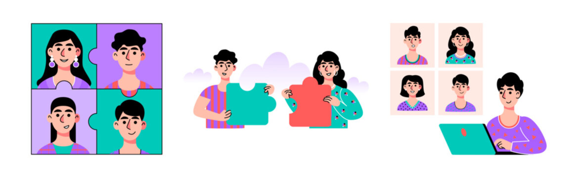 People Connecting Puzzle Pieces Teamwork Set