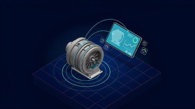 Industrial turbine digital twin with tablet telemetry dashboard condition sensors and vibration waves isometric vector illustration