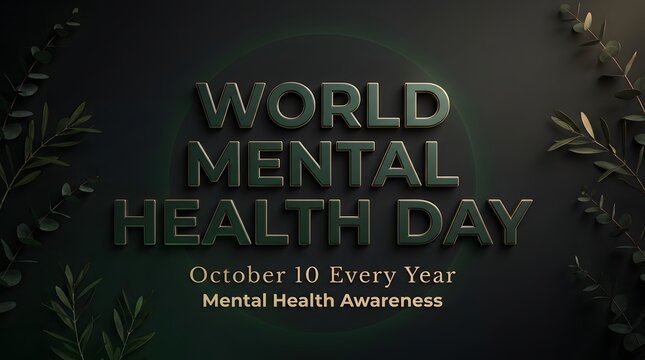 World mental health day text with leafy branches dark background