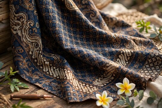 Traditional batik cloth with floral decoration on rustic wooden surface