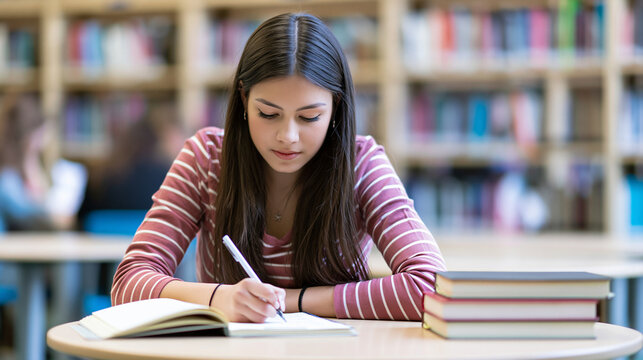 Young female student focused on writing in a notebook at a library table, surrounded by books and shelves, concentrating on homework, study and academic research, copy space