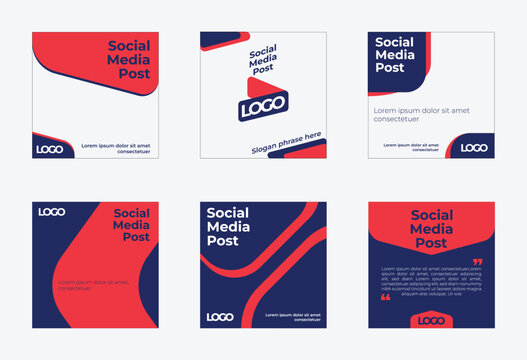 Social Media Post Vector Template Set Six Variations Modern Bold Typography Logo Placeholder Curved Shapes Dashed Lines Square Format Marketing Design