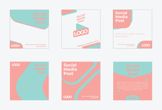 Social Media Post Vector Template Set Six Variations Modern Bold Typography Logo Placeholder Curved Shapes Dashed Lines Square Format Marketing Design