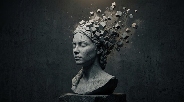 Stone bust disintegrating into geometric fragments against dark background with fractures cube pieces pieces exploding head high resolution digital render digital art fragmentation illustrative