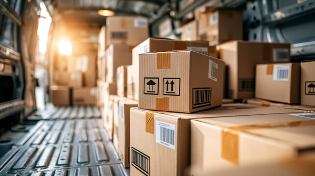 Cardboard boxes with shipping labels and warning signs being transported inside a delivery van, illustrating e commerce logistics and cargo distribution, copy space