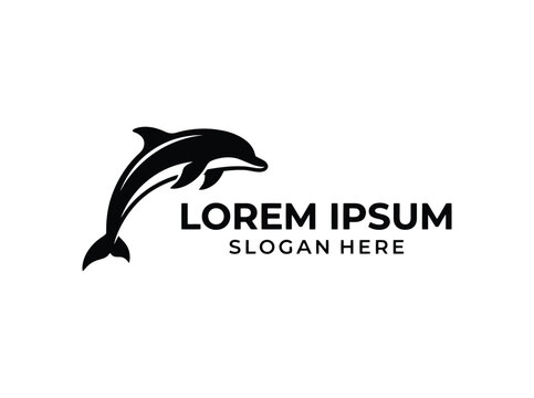 A sleek black dolphin logo leaping gracefully with a modern minimalist design on a clean white background featuring bold text for branding