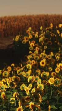Sunflowers grow in a large field surrounded by other plants. The sun shines brightly on the flowers during the daytime. The scene shows many yellow blooms.