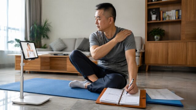 Mature Asian man with shoulder pain taking notes during online fitness class at home
