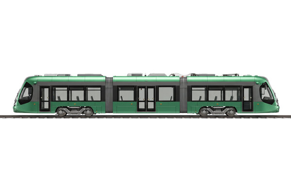 Green Articulated Tram in Side View