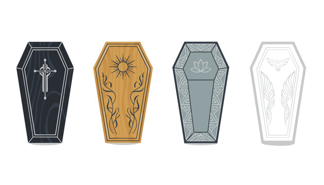 Flat vector set of four different coffin designs in a row decorated with cross, sun, lotus, and angel wing symbols.