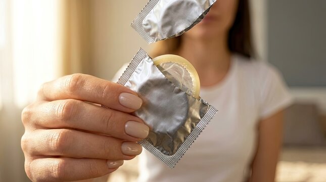 Person holding opened condom wrapper indoors with natural lighting with hands carefully open lit indoor setting wrapper well foil condom lightbackground lightingnatural medicalsupply protection