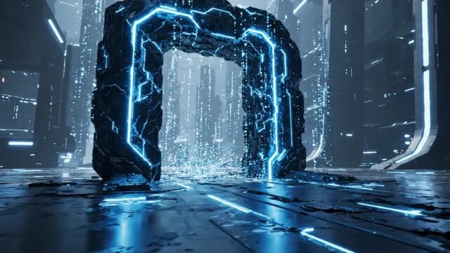 Futuristic glowing portal in dark city background motion.