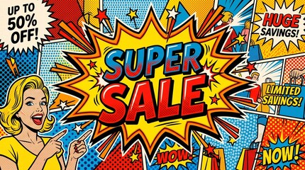 Fototapeta premium Woman celebrating huge savings during comic style super sale event
