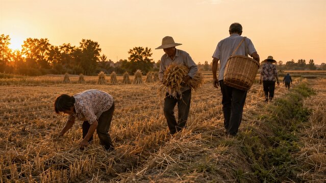 Farmers Harvesting Wheat in a Golden Field at Sunset