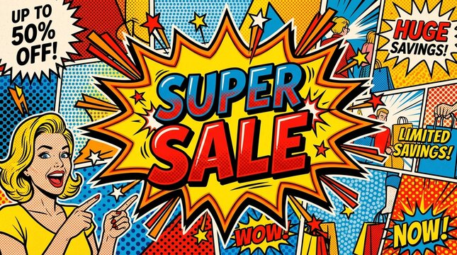 Woman celebrating huge savings during comic style super sale event