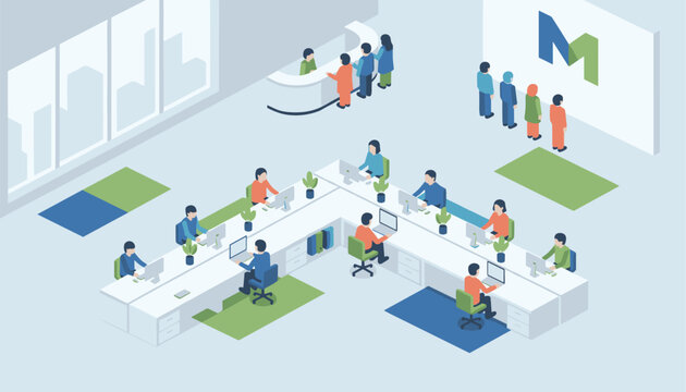 Modern isometric office interior layout showcasing employees at an L-shaped desk, a reception counter, and a queue.