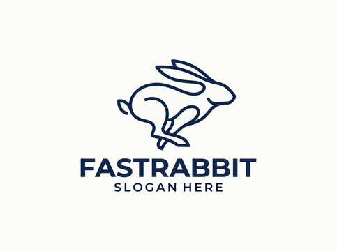 Minimalist line art illustration of a dynamic leaping rabbit in mid-air on a clean white background with text 'FASTRABBIT' and placeholder for slogan