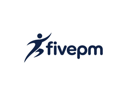 Dynamic logo featuring a stylized figure in motion with outstretched arms next to bold blue text reading 'fivepm' on a clean white background