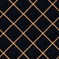 Fototapeta premium Seamless pattern quilted black fabric texture creating a seamless diamond pattern, accentuated by golden ropes, signifying opulence and wealth