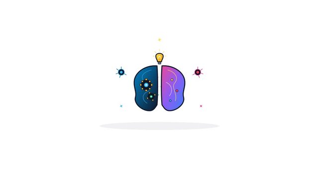 Abstract Stylized Human Brain Hemispheres with Gears and Creative Waves Featuring a Glowing Lightbulb for Cognitive Learning, Neuroscience, Innovative Idea, Mental Intelligence and Science Concept