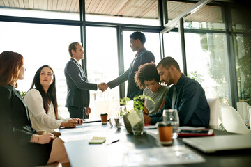 Business people, meeting and conference with handshake for introduction, greeting or hiring. Group, employees or colleagues shaking hands with new recruit for career or welcome to team in workplace © peopleimages.com