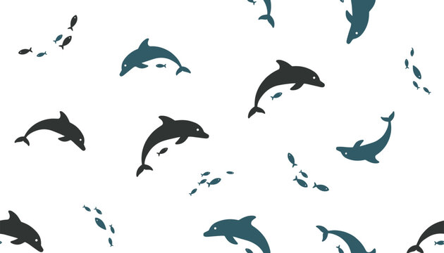 Seamless background pattern of dark blue dolphins swimming alongside small fish in the deep ocean on a clean white backdrop.