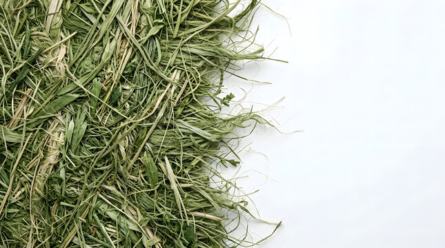 A detailed top-down view of dried green grass and organic hay stalks arranged on a clean white background, creating a natural rustic texture with plenty of copy space for your creative design projects