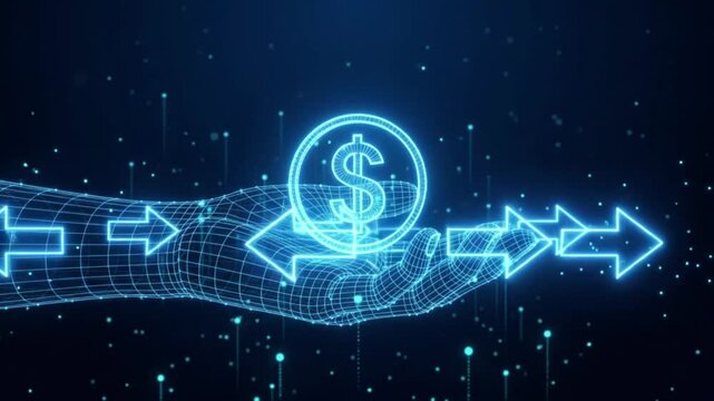Cybernetic wireframe hand with neon dollar icon, digital currency exchange and global finance concept, high-tech fintech money transfer motion
