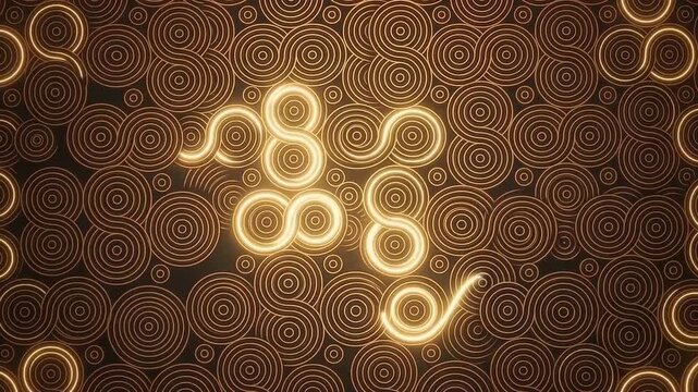 Abstract glowing golden light trails on geometric circle pattern background loop   
