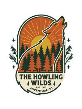 Retro adventure emblem featuring a howling wolf in a pine forest at sunset