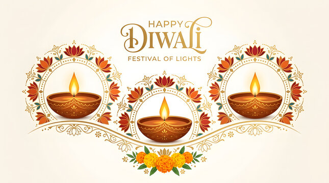 Happy diwali greeting card banner with lit oil lamps and traditional floral decoration diwali lamp religion