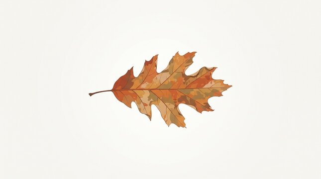 Illustration of an autumn oak leaf with mottled orange, olive and tan texture and pointed lobes on a light background