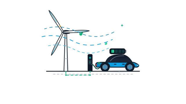 Conceptual 2D vector animation of clean energy and sustainable mobility showing a wind turbine generating electricity to power a blue electric vehicle at a charging station on white background.