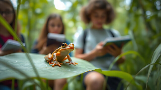 Small frog-like creature on green leaf with student scientists in background, nature education concept