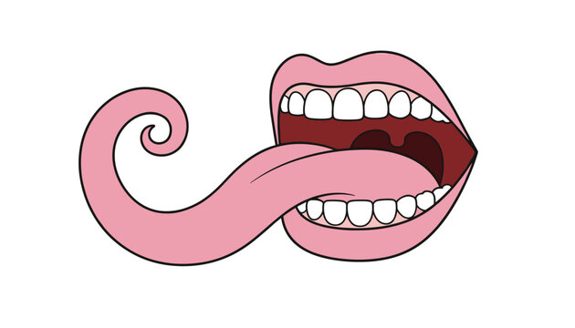 Surreal shocking vector illustration of an open mouth with clean white teeth and a very long pink curled tongue.