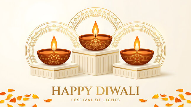 Happy diwali festival poster featuring lit oil lamps on podiums and floral petals diwali lamp festival ligh