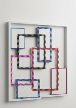 Modern 3D framed geometric wall sculpture with overlapping colorful rectangular grids, ideal for contemporary interior design mockups, gallery wall artwork inspiration, and office decor background con