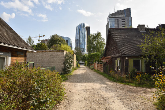 Juxtaposition of Traditional Wooden Houses and Modern Skyscrapers in Heritage Neighborhood of &Scaron;nipi&scaron;kės in Vilnius, Lithuania