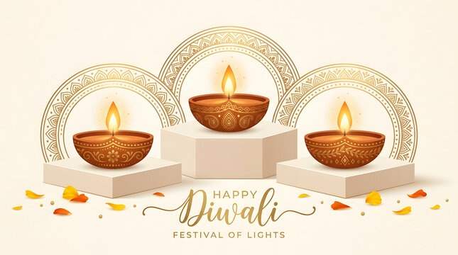Happy diwali greeting card design with burning clay lamps on podiums and flower petals diwali lamp oil lamp