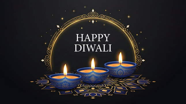 Happy diwali greeting card design with glowing blue diya lamps and gold decorative arch