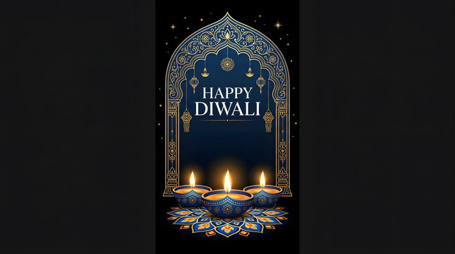 Vertical happy diwali banner with ornate golden frame and traditional blue diya oil lamps