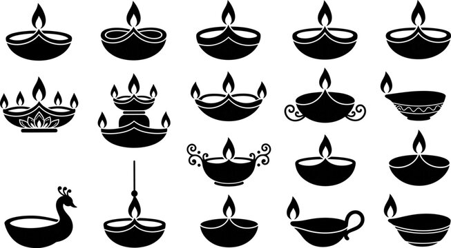 Collection of traditional indian oil lamps called diyas in a black and white illustration